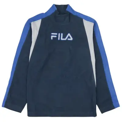 Fila Women's Vintage 90s Navy Spellout Turtle Neck Fleece Jumper L