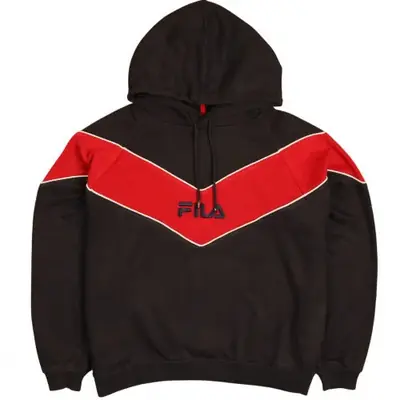 Fila Black Red Hoodie Men's XLarge Embroidered Logo Chevron Panel Pull
