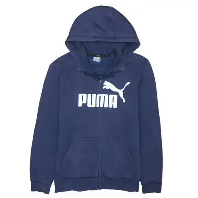 Puma Vintage 90s Men's Navy Blue Logo Zip Hoodie Small Cotton Blend