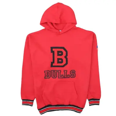 Retro Red Hoodie Men's Large Bulls B Applique Logo Striped Cuffs Hem P