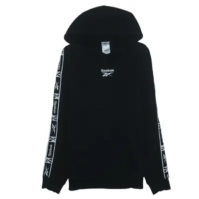 Reebok Black Hoodie Men's Small Printed Logo Sleeve Tape Pullover Swea