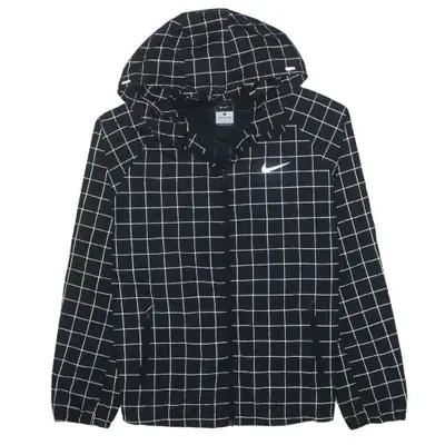 Nike Black Grid Hooded Jacket Women’s Large Printed Swoosh Zip Pockets