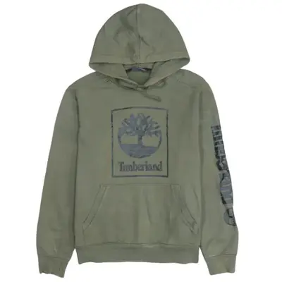 Timberland Khaki Green Hoodie Men's Small Printed Chest Logo Sleeve Pr