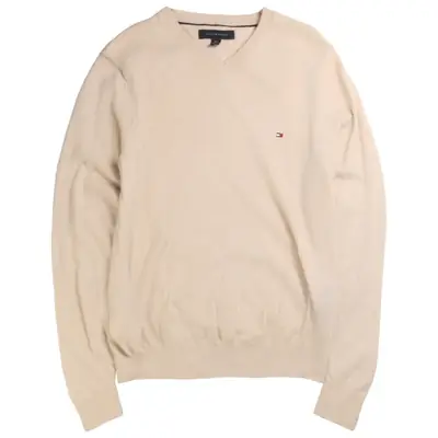 Tommy Hilfiger Knitted V Neck Jumper / Sweater Small Beige Cream