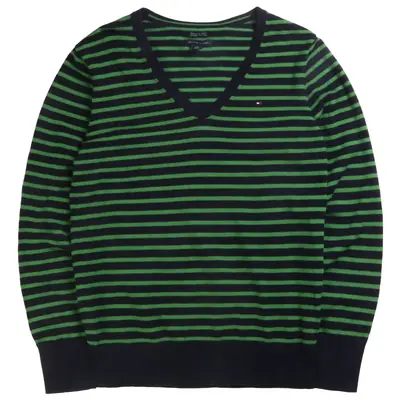 Tommy Hilfiger Striped Knitted V Neck Jumper / Sweater Large Green