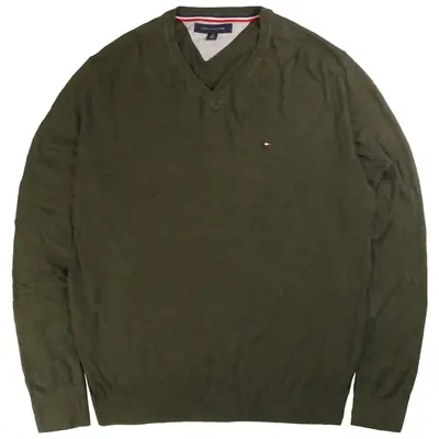 Tommy Hilfiger Knitted V Neck Jumper / Sweater Large Khaki Green