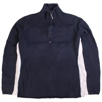 Tommy Hilfiger Spellout Quarter Zip Knitted Jumper / Sweater Large Nav