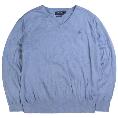 Polo Ralph Lauren Knitted V Neck Jumper / Sweater Large Blue