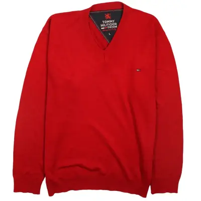 Tommy Hilfiger 90's Knitted V Neck Jumper / Sweater Large Red