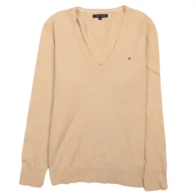 Tommy Hilfiger Women's 90's Vintage Knitted V Neck Jumper Large Beige