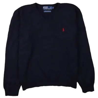 Polo Ralph Lauren 90's Knitted V Neck Jumper / Sweater XLarge Blue