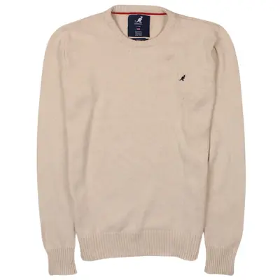 KANGOL 90's Knitted Crew Neck Jumper / Sweater Medium Beige Cream