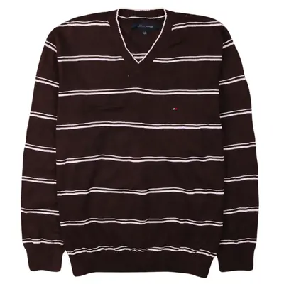 Tommy Hilfiger 90's Striped V Neck Jumper / Sweater Large Brown