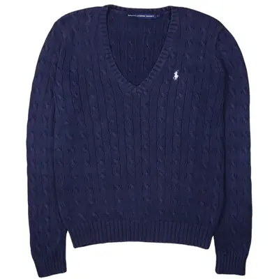 Ralph Lauren Sport 90's Knitted Cable Knit V Neck Jumper / Sweater Lar