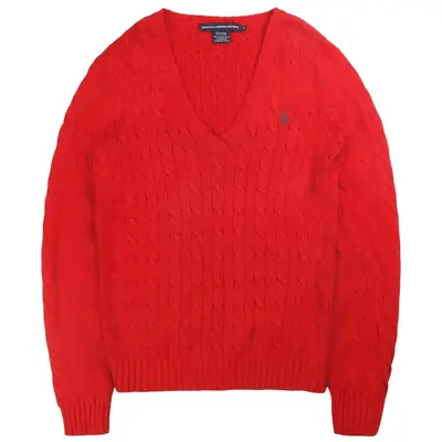 Polo Ralph Lauren Knitted V Neck Jumper / Sweater Large Red