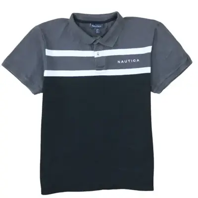 Nautica Grey Black Polo Shirt Women's Large Embroidered Logo Contrast 