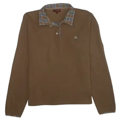 Burberry Brown Long Sleeve Polo Shirt Women's Large Check Collar Embro