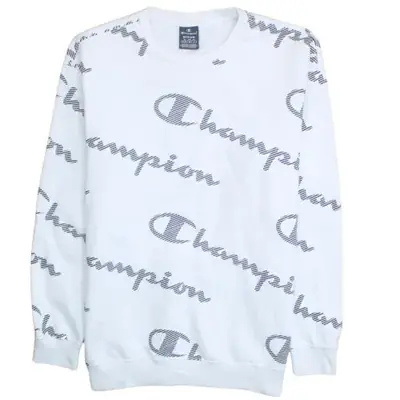 Champion White All Over Logo Sweatshirt Men's Medium Crewneck Printed 