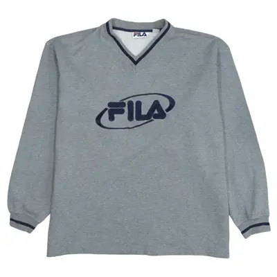 Vintage Fila 90's Spellout V Neck Sweatshirt XLarge Grey