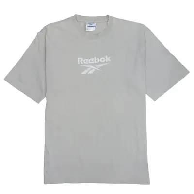 Vintage Reebok 90's Grey Spellout Crew Neck T-Shirt, Medium
