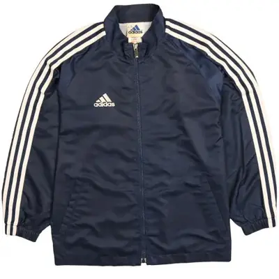 Adidas Navy Blue Windbreaker Jacket Men’s Small Three Stripe Sleeves E