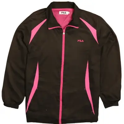 Fila Black Pink Windbreaker Women's Large Full Zip Track Jacket Printe